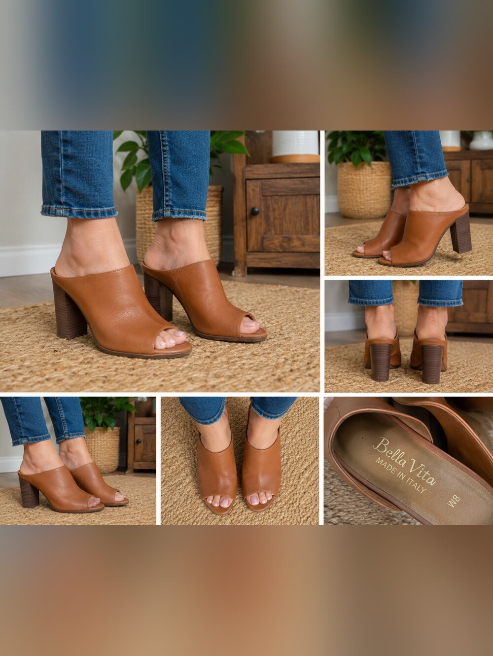 Bella Vita Italy Brown Leather Peep Toe Mule Heels Women's Size 8 Slip On Block